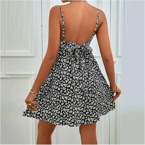 Vista 5 de Esopkuu Vestido corto de verano para mujer, sexy, casual, con cuello en V profundo, floral, tirantes delgados, para fiesta, playa