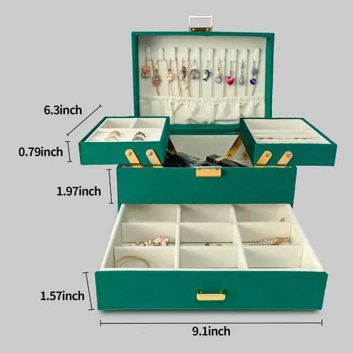 Vista 6 de Dajasan Jewelry Box for Women 3 Layers Large Velvet Jewelry Organizer Jewelry Storage Organizer Jewelry Case for Earring Ring Necklace Bracelets