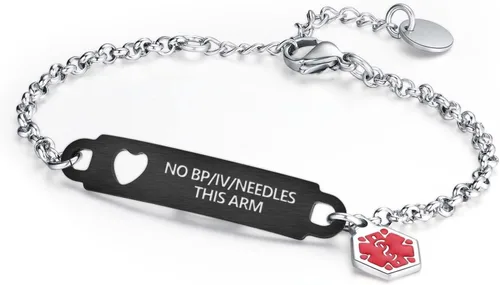 Vista 34 de Divoti Pulsera de identificación médica con grabado previo – Cadena simple Rolo de acero inoxidable plateado, resistente al agua con símbolo