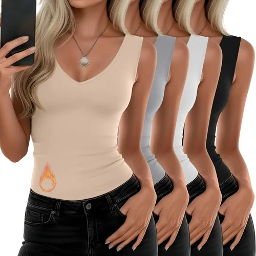 Vista 12 de Paquete de 4 camisetas térmicas sin mangas para mujer, con cuello en V, forro polar, sin mangas, cálido, chaleco de capa base