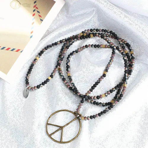 Vista 4 de KELITCH - Collar clásico con dije de signo de paz, de hippie, de amor, con cuentas de cristal esmerilado
