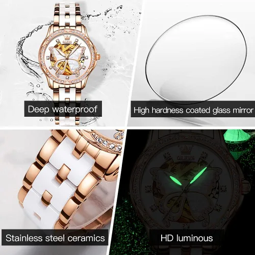 Vista 6 de OLEVS Relojes de oro rosa para mujer correa de acero inoxidable de cerámica reloj mecánico automático calendario de puntero luminoso impermeable