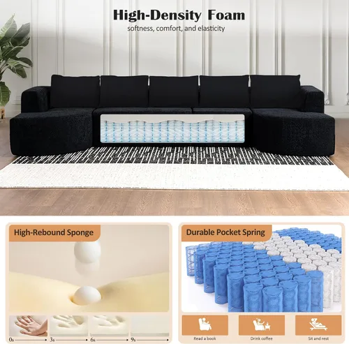 Vista 5 de Sofá modular modular de 144 pulgadas, sofá de nube en forma de U de gran tamaño, color negro No Assembly Required • 22" Deep Memory Foam Seat •