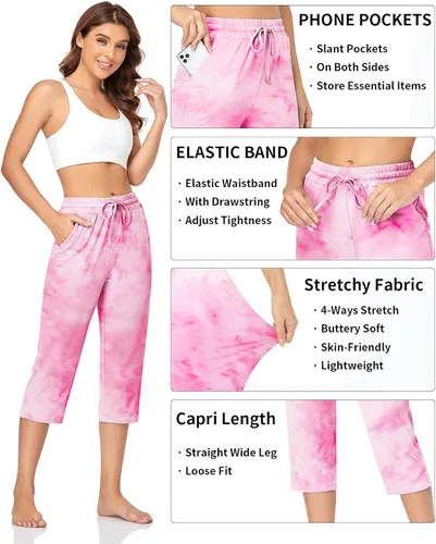 Vista 3 de TARSE - Pantalones capri de yoga para mujer, holgados, suaves, con cordón, pantalones deportivos casuales con bolsillos