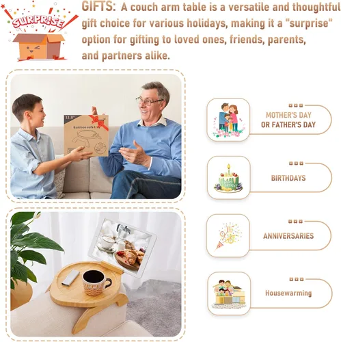 Vista 7 de SINWANT Mesa de brazo para sofá, bandeja redonda de bambú con clip para sofá con soporte para teléfono de 360°, mesa plegable para reposabrazos