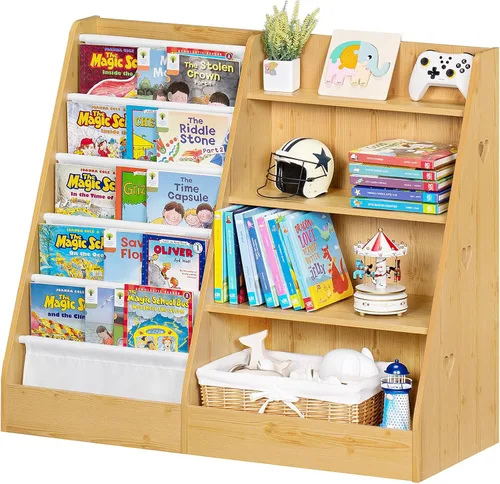 Vista 9 de Lerliuo Estantería y Organizador de Almacenamiento para Niños de 4 Niveles, Estantería Inclinada de Cinco Capas para Niños, Estante de Libros
