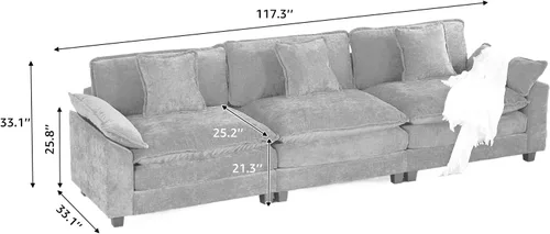 Vista 288 de Sofá seccional modular verde de 111.5", sofás seccionales grandes de 3 plazas para sala de estar, sofá nube oversized de tela chenille con otomana