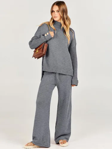 Vista 2 de ANRABESS Conjunto de 2 piezas para mujer, suéter de punto de manga larga, pantalón de pierna ancha, ropa de descanso, moda 2024