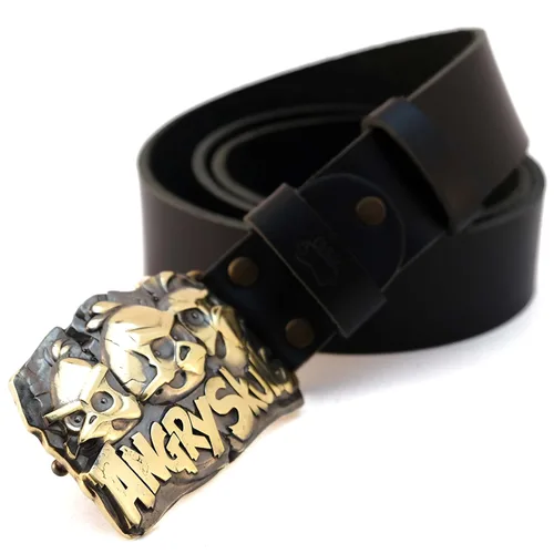 Vista 2 de Leather belt with brass buckle Angry Skulls Handmade Brass Belt Buckle with Fun buckle, Buckle with Cartoon heroes, Birds belt buckle, belt buckle