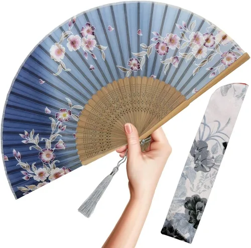 Vista 13 de OMyTea, abanico desplegable con motivo de flores de yuyos (8.27 pulgadas - 21 centímetros) con funda de tela para protección, estilo chino/japonés