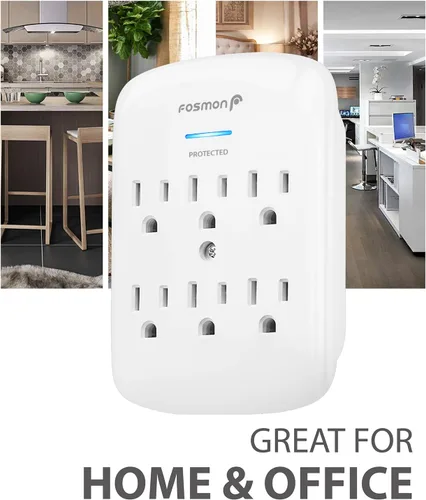 Vista 7 de Fosmon Protector de sobretensiones de montaje en pared de 6 tomas, supresión de sobretensiones de 3 clavijas, 1200 julios, 15 A, 125 VCA, 60 Hz
