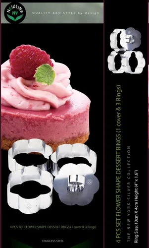 Vista 4 de NewlineNY - Anillos de postre de acero inoxidable (4 piezas) con forma de flor, aperitivos moldeados, ensaladas, pasteles, moldeo de mousse