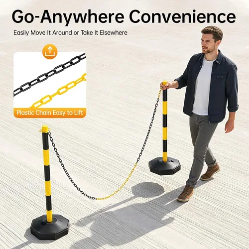 Vista 7 de 6 piezas de conos de tráfico con base rellenable de polietileno amarillo, poste de estacionamiento portátil con cadenas de 6.6 pulgadas, conos