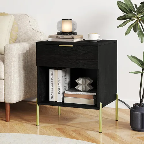 Vista 8 de Giantex Nightstand with Charging Station, Mid Century Modern Bedside Table with Storage Drawer & Open Compartment, End Table w/Wood Grain & Metal