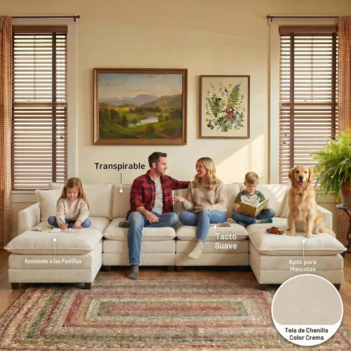 Vista 5 de Sofá modular modular de felpilla beige de 78 pulgadas para sala de estar, sofá modular de felpilla beige para sala de estar, sofás para sala