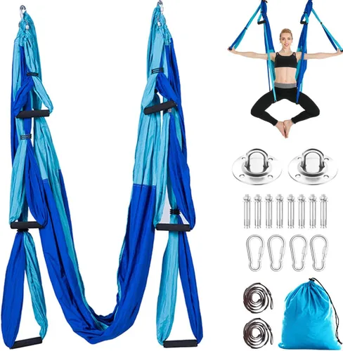 Vista 9 de Juego de hamaca aérea de yoga con 2 correas de extensiones y kit de montaje en techo, equipo para colgar inversión de yoga