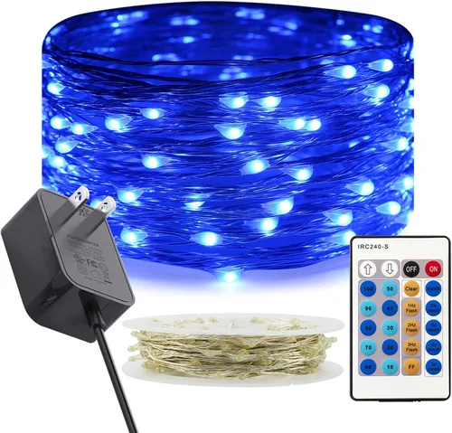 Vista 12 de RUICHEN Guirnalda de luces regulables enchufables de 33 pies, 100 luces LED de alambre plateado con control remoto, color naranja