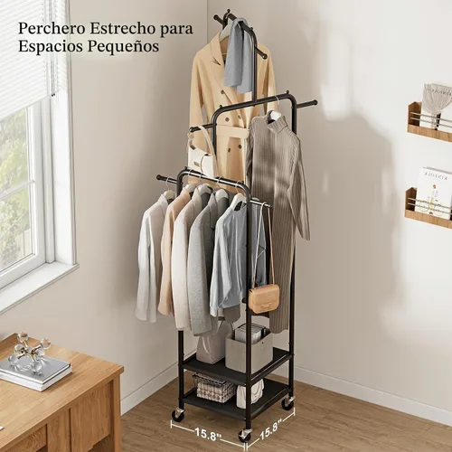 Vista 7 de Chrislley Pequeño Perchero de Ropa con Ruedas, Perchero Enrollable Portátil de 71" con 2 Estantes y 6 Ganchos, Perchero de Ropa de Metal Resistente