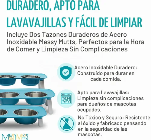 Vista 2 de Comedero elevado doble para perros, con recipientes extraíbles de acero inoxidable y patas ajustables (40 onzas / 5 tazas por recipiente), de Messy