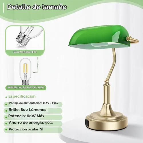 Vista 5 de Lámpara de banqueros con 2 puertos USB, control táctil, lámpara de escritorio de vidrio verde con base de latón, lámpara de escritorio vintage