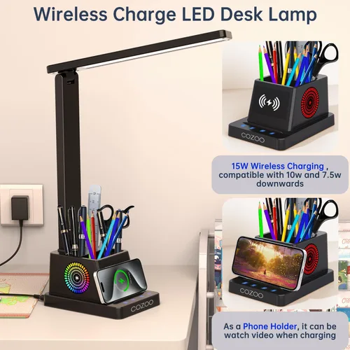 Vista 2 de cozoo Lámpara de escritorio, lámparas de escritorio LED para oficina en casa, cargador inalámbrico pequeña lámpara de escritorio con soporte