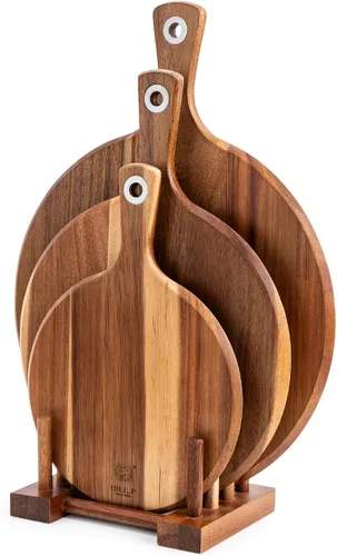Vista 10 de BILL.F Pala para Pizza de Madera de Acacia, Tabla de Cortar de 10", Tabla de Paddle para Queso, Bandeja de Pan y Galletas para Servir y Preparación
