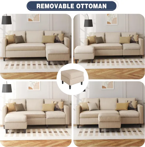 Vista 5 de Shintenchi Sofá modular en forma de L, sofás modulares convertibles con otomana móvil, sofá tapizado de pana de 3 asientos, sofás pequeños para sala