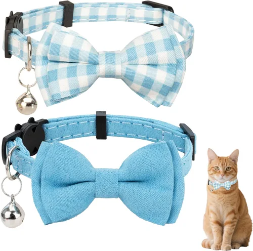 Vista 12 de Collar de gato con campana para niño y niña, pajarita de seguridad, a cuadros, color sólido, conjunto de regalo, lindo festivo, [2 piezas], verde