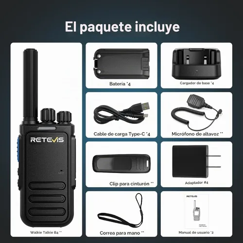 Vista 9 de Retevis MateTalk B4 Walkie Talkies con micrófono de hombro impermeable (paquete de 4) FRS Two Way Radios Noise Cancelling for Construction Site