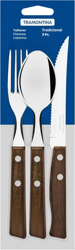 Vista 3 de Tramontina Cuchillos tradicionales resistentes con mango de madera natural de 8.3 pulgadas y tenedor de mesa de 7.5 pulgadas y cucharada de 7.5