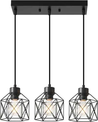 Vista 9 de Paquete de 3 lámparas colgantes colgantes, lámpara colgante industrial para comedor, dormitorio, pasillo, lámpara colgante de jaula de metal negro