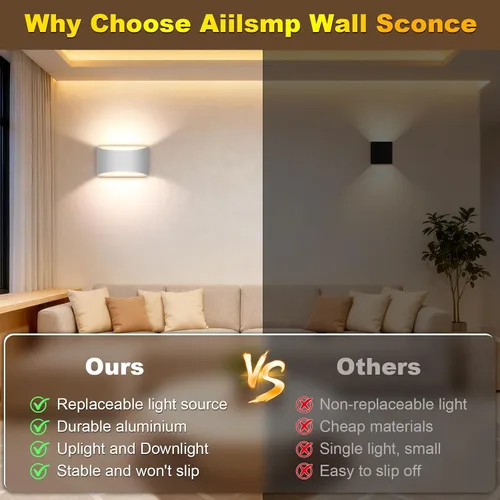 Vista 8 de Moderno aplique de pared LED con cable blanco para interiores, iluminación de pared arriba y abajo, para sala de estar, dormitorio, pasillo