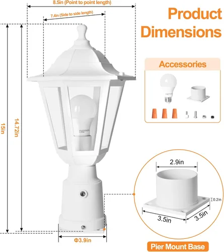 Vista 2 de FUDESY Luz de poste para exteriores del atardecer al amanecer, linterna exterior moderna blanca con base de montaje en muelle, lámpara impermeable