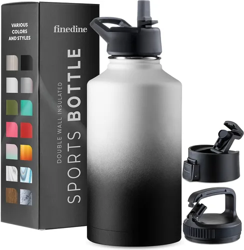 Vista 53 de FineDine Botellas de agua aisladas de triple pared con popote, botella de metal de acero inoxidable de 25 onzas con 3 tapas a prueba de fugas