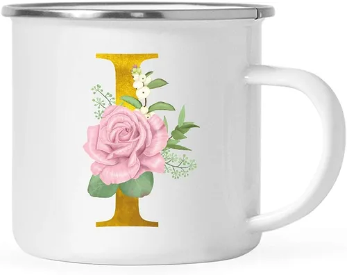 Vista 23 de Andaz Press Taza de café de acero inoxidable para niños de 11 onzas, regalo de taza de café de fogata, rosa rubor, monograma de oro sintético, letra