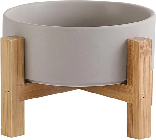 Vista 21 de Cuenco elevado de cerámica para gatos - Cuenco de comida para gatos con soporte de bambú - Plato elevado de comida para perros para cachorros - Verde
