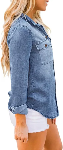 Vista 5 de luvamia Camisa vaquera de chambray para mujer, camisas occidentales de manga larga con botones