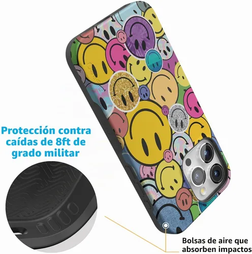 Vista 4 de Funda Casely para iPhone 15 Pro Max Todas las sonrisas Adhesivo de cara sonriente Compatible con MagSafe Diseño protector audaz Todas