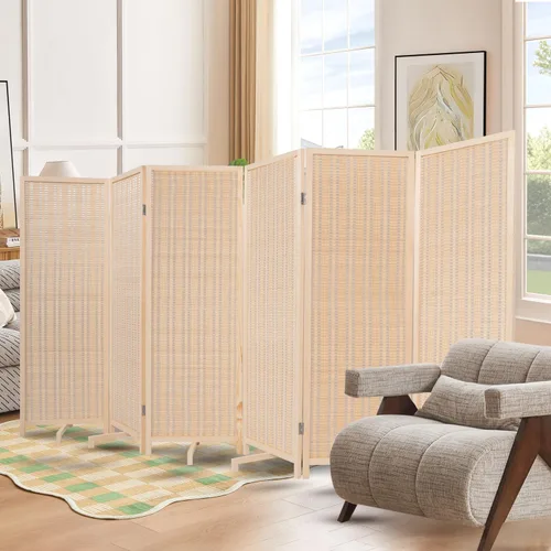 Vista 10 de Panel divisor de habitación de bambú con patas giratorias de 360°, 3 paneles de 47 pulgadas de alto, pantalla de privacidad plegable corta