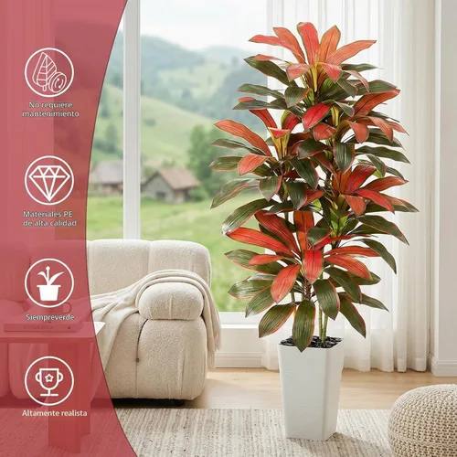 Vista 7 de Árbol de Dracaena artificial rojo de 6 pies, plantas falsas altas Hoja blanco-roja