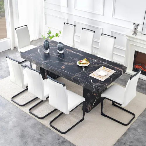 Vista 23 de gopop Mesa de comedor de mármol de 63 pulgadas, tablero de mesa de comedor MDF con patrón de mármol y base para cocina y comedor.