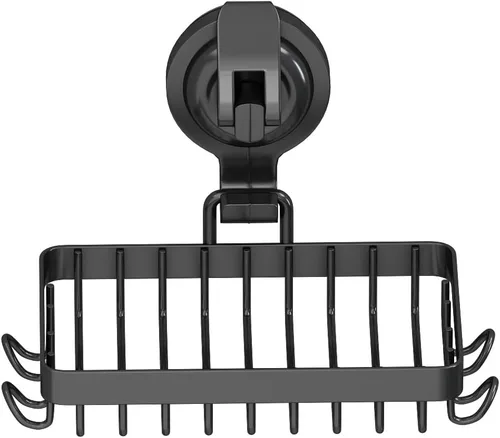 Vista 5 de Soporte de Jabón para Ducha, Jabonera con Ventosa para Ducha con 4 Ganchos, Acero Inoxidable 304, Negro