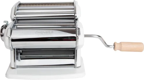 Vista 3 de Imperia Máquina para hacer pasta, color blanco, fabricada en Italia, construcción de acero resistente con esfera de fácil bloqueo, mango de agarre