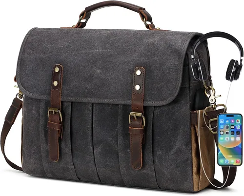 Vista 9 de NerIion Bolsa de mensajero para hombres de 15.6 pulgadas de lona vintage maletín de cuero genuino para hombres bolsa de computadora portátil bolsa