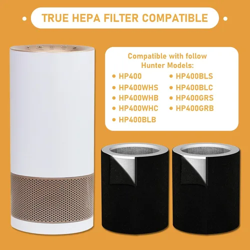 Vista 4 de H-PF400 Kit de repuesto de filtro HEPA compatible con purificador de aire de torre cilíndrica H-HF400-VP H-PF400 Hunter HP400, 2 filtros HEPA + 8