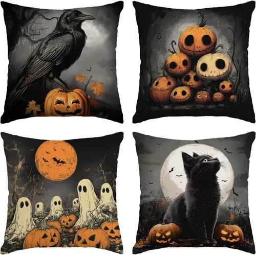 Vista 9 de Fundas de almohada de Halloween de 12 x 12 pulgadas, juego de 4 fundas de almohada decorativas con diseño de truco o trato, fundas de almohada