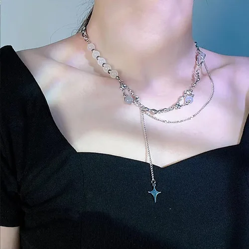 Vista 26 de Y2k - Collar irregular con dije de estrella, piedra de luna, diseño de cadena de moda, joyería de plata picante para mujer