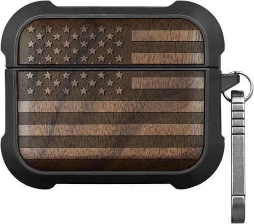 Vista 16 de Carveit - Funda de madera maciza para AirPods Pro 2, bandera estadounidense, color negro