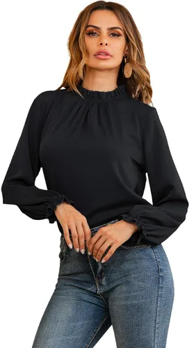 Vista 3 de LYANER Blusa de manga larga con volantes y cuello alto falso para mujer