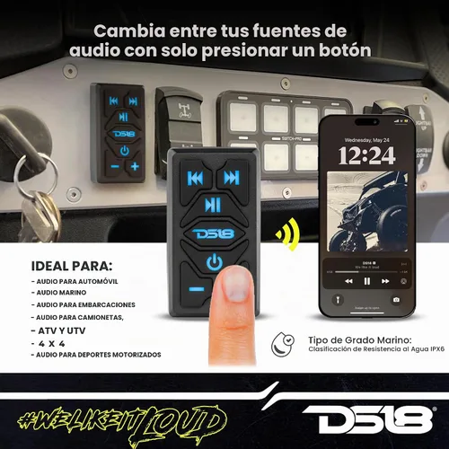 Vista 3 de DS18 RKS-BT - Interruptor basculante marino Bluetooth impermeable con controles - Receptor de audio BT inalámbrico integrado - RCA estéreo de 2.5 V